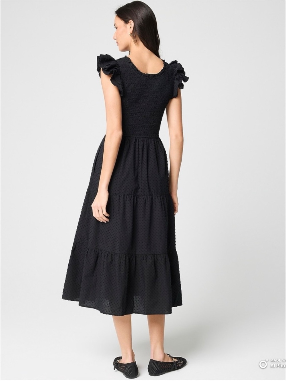 J Crew Factory Petite Black Swiss Dot Flutter Sleeve Midi Dress NWT Cottagecore - Picture 8 of 16